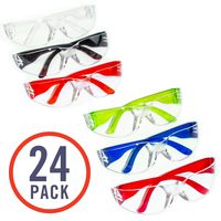 24 Pack of Safety Glasses (24 Protective Goggles in 6 Different Colors) Crystal Clear Eye Protection - Perfect for Construction, Shooting, Lab Work, and More!
