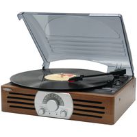 Jensen Premium Belt Driven 3-Speed AM/FM Radio Stereo Turntable with Built in Wooden Cabinet Speakers