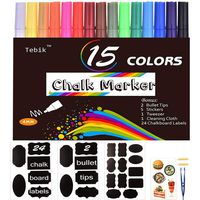 Tebik Liquid Chalk Marker Set, 15 Bright Colors Erasable Chalkboard Paint Pens with 24 Chalkboard Labels, 5 Stickers, 1 Cloth, 1 Tweezer and 2 Tips, Good for Chalkboards, Bistro Boards, Glass