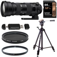 Sigma 150-600mm F5-6.3 DG OS HSM Sports Lens for Canon EF Cameras + Lexar 633x 64GB Memory Card + Velbon Aluminum Videohead Tripod + Xit 105mm Polarizing & Sky & UV Filters + Card Reader Writer Bundle