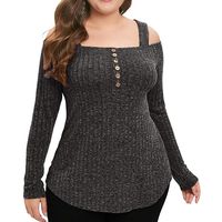 Kaitobe Womens Long Sleeve Off Shoulder Tops Plus Size Button Tunic T-Shirts Blouse Tops Sweatshirt Pullover Gray