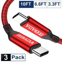 Akoada USB C to USB C 60W Cable 3-Pack(10ft/6.6ft/3.3ft), USB-C to USB-C nylon Braided rapid Charging Cord Compatible With Google Pixel 2 3 3a XL,Samsung Galaxy Note 10,Matebook,Nexus 6P And More(Red)
