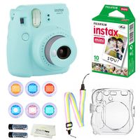 Fujifilm Instax Mini 9 Instant Camera (Ice Blue) + 10 Fuji Instant Film Sheets + Convenient Instax Clear Case W/ Rainbow Strap + 6-Color Lenses & More