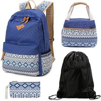 Ufoyer 4Pcs School Backpacks Set,Canvas Lightweight Laptop Travel Backpack + Lunch Bag +Pencil Case +Polyester Drawstring Daypack for Teen Girls(Blue-1)