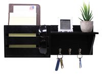 Black Wood Rustic Wall Mounted Key & Mail Holder/Organizer with 3 Key Hooks, 1 Compartment, and Shelf - for Entryway or Mud Room - Holds Documents, Bills, Letters, Keys and More