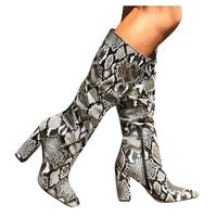 BIKETAFUWY Women's Waterproof Winter Boots, Snakeskin High Heel Booties Zip Closure Pointed Toe Mid Calf Colorful Shoes Gray