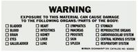 Brady 93800 Vinyl Target Organ Labels , Black On White,  1 1/2" Height x 4" Width,  Legend "Warning Exposure To This Material Can Cause Damage To The Following Organs/Parts Of The Body...Etc" (50 Labels per Package)