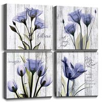 Purple Tulip Flowers Wall Art Living Room Decor Canvas Print Pictures12x12 Inch 4 Pieces/Set Elegant Floral Inspirational Quotes Artwork Christmas Lover Gifts Home Decorations Office Modern Paintings