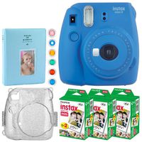 Fujifilm instax Mini 9 Instant Film Camera + Fujifilm Instax Mini Instant (60 Shots) + Hard Case with Glitter + 6 Colored Lens Filters + Large Album - Accessory Bundle (Deluxe Bundle, Cobalt Blue)