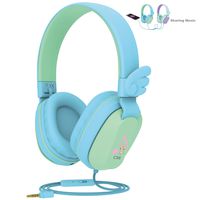 Kids Headphones, Riwbox CS6 Lightweight Foldable Stereo Headphones Over Ear Corded Headset Sharing Function with Mic and Volume Control Compatible for iPad/iPhone/PC/Kindle/Tablet (Blue&Green)