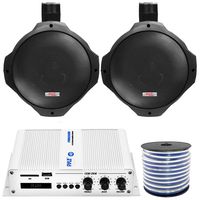 2 x Pyle 8" Black Marine 300 Watt Wakeboard Tower Speakers, Pyle 2-Channel Bridgeable Compact Boat Yacht Waterproof 200W RMS Amplifier, Enrock Marine-Grade 18-Gauge Speaker Wire