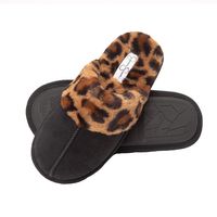 Jessica Simpson Comfy Faux Fur Womens House Slipper Scuff Memory Foam Slip On Anti-Skid Sole (Size Extra Large, Black/Leopard)
