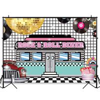 Funnytree 7x5ft 50s Retro Rock N Roll Diner Party Backdrop Sock Hop Dance Cosplay Prom Photography Background Classic 1950s Baby Adult Birthday Wedding Banner Cake Table Decoration Photo Booth