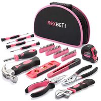 REXBETI 52-Piece Pink Tool Kit, Ladies Premium Solid and Real Hand Tool Set with Easy Carrying Round Pouch, Perfect for Household Projects, Home Maintenance and Dorm Repair