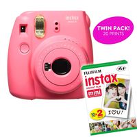 Fujifilm Instax Mini 9 Instant Print Camera (Renewed) Plus Twin Pack Film Starter Bundle | 10 Sheets x 2 = 20 White Frame Instant Exposure Photograph Sheets (Flamingo Pink)