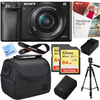 Sony Alpha a6000 24.3MP Mirrorless Camera w/ 16-50mm Bundle Deal Includes Alpha a6000, 16-50mm Zoom Lens, Paint Shop Pro X9, Bag, 64GB SDXC Card x 2, Battery, Charger, Tripod and Beach Camera Cloth