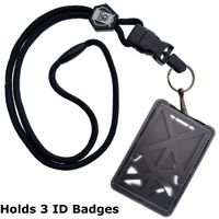 Specialist ID Vertical Top Load Three Card Badge Holder - Hard Plastic with Heavy Duty Breakaway Lanyard w Quick Release Metal Clip & Key Ring (One Holder / 3 Cards Inside) (Black)