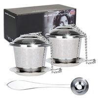Numola 2 Pcs Loose Leaf Tea Infuser Set, Reusable Stainless Steel Tea Balls, Fine Mesh Tea Strainers with Spoon and Drip Trays, Tea Filters and Steeper with Extented Chain Hook for Tea Lovers