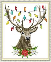 Cross Stitch Stamped Kits 11CT 14X16 inch Holiday Gift Pre-Printed Cross-Stitching Starter Patterns for Beginner Kids or Adults, Embroidery Needlepoint Kits Christmas Deer