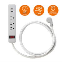 Link2Home EM-TXC142B Surge Protector, 5ft Extension, 3 Outlets, 2 Ports, 2.4A USB, Braided Cable with Low Profile Plug, Grey Fabrc Cord Power Strip, 1pk,