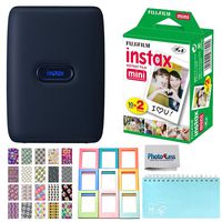 Fujifilm Instax Mini Link Smartphone Printer (Dark Denim) | Fujifilm Instax Mini Twin Pack Instant Film | Scrapbooking Album Holds 60 Prints Blue | Plastic Photo Frame | BFF Stickers | Accessory Kit