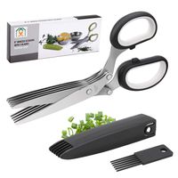 Joyoldelf Gourmet Herb Scissors Set - Master Culinary Multipurpose Cutting Shears with Stainless Steel 5 Blades, Safety Cover and Cleaning Comb for Cutting Cilantro Onion Salad (Black)