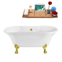 Streamline | Clawfoot Soaking 60" N100GLD-GLD Acrylic Bathtub, White | Comes with External Drain And Gold Overflow | Bamboo Tray Included