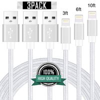 LOND MFi Certified Phone Charger 3Pack 3FT 6FT 10FT Extra Long Nylon Braided USB Charging & Syncing Cord Compatible iPhone Xs/Max/XR/X/8/8Plus/7/7Plus/6S/6S - Plus/SE/iPad/Nan - Silver