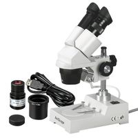 AmScope SE303-PX-E Digital Binocular Stereo Microscope, WF5x and WF10x Eyepieces, 5X/10X/15X/30X Magnification, 1X and 3X Objectives, Tungsten Lighting, Reversible Black/White Stage Plate, Pillar Stand, 110V, Includes 0.3MP Camera and Software