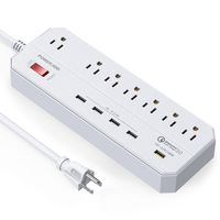[Quick Charge 3.0] POWERADD Surge Protector Power Strip 7 Outlets with 5 Smart USB Charging Ports, 6ft Heavy Duty Extension Cord 1875W/15A 900J - White