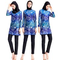 Gojendy Women Gradient Ethnic Printed Bathing Suit for Muslim Loosen Dress Skirt Swimwear (XXL, Blue)
