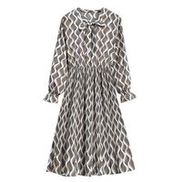 Sunhusing Ladies Bowknot Lace-Up Round Neck Long Sleeve Small Floral Print Stretch Waist Pleated Hem Dress(1 Gray,M)