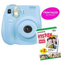 Fujifilm Instax Mini 7S Instant Print Camera (Renewed) Plus Twin Pack of Film Starter Bundle | 10 Sheets x 2 = 20 White Frame Instant Exposure Photograph Sheets (Light Blue)