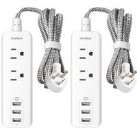 2 Pack Power Strip with USB, 2 Outlets and 3 USB Ports(3.1A) Travel Power Strip, Desktop Charging Station with 5 ft Braided Extension Cord, Flat Plug for Cruise Ship, Home and Office, White