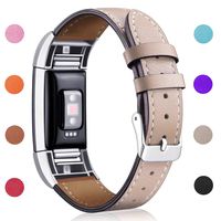 Hotodeal Replacement Leather Band Compatible for Charge 2, Classic Genuine Leather Wristband Metal Connector Watch Bands, Fitness Strap Women Men Small Large (Beige- Silver Buckle)