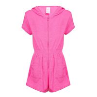 DAYU Girls Hooded Zip Front Terry Swimsuit Cover Up Romper with Pockets, Pink, 10-12