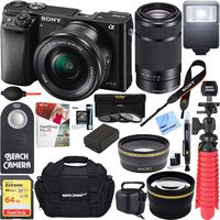 Sony Alpha a6000 24.3MP Mirrorless Camera 16-50mm & 55-210mm Zoom Lens (Black) + 64GB Accessory Bundle + Large Gadget Bag + Extra Battery+Wide Angle Lens+2X Telephoto Lens+Flash+Remote+Tripod