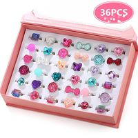 PinkSheep Little Girl Jewel Rings in Box, Adjustable, No Duplication, Girl Pretend Play and Dress Up Rings (36 Jewel Ring)