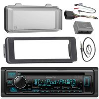 Kenwood Stereo CD Receiver Radio - Bundle with Installation Dash Kit, Handle Bar Control Module, Weathershield Cover, Enrock Wire Antenna for 1998 2013 Harley Touring Motorcycle Bikes