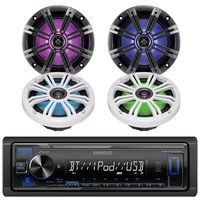 Kenwood Car Audio Bluetooth Stereo Aux USB Digital Receiver Bundle Combo w/ 4x Kicker KM654LCW 6.5 Inch LED Marine Speakers