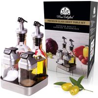 Premium Oil and Vinegar Dispenser Set with Salt Pepper Shakers in Stand - 6oz Drip Free Covered Spout Oil Dispenser Set - 3oz No Leak Lids Shakers - Small Oil Vinegar Set - Bonus Refill Funnel - S/S