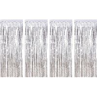 Anasu 4 Pack Foil Fringe Curtains Photo Backdrop, Shiny Metallic Tinsel Party Door Curtain Photo Booth Props Birthday Wedding Bridal Baby Shower Party Decorations (Silver, 4 Pack)