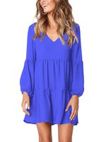 Amoretu Women's Pleated Summer Casual V Neck Long Sleeve Tunic Dress Blue XL