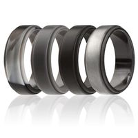 ROQ Silicone Wedding Ring for Men, 4 Pack Silicone Rubber Band Step Edge - Black, Black Camo, Silver, Beveled Metallic Platinum - Size 8