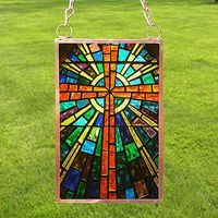 Sun Catcher, Stained Glass Cross, Religious, Copper Framed Glass, 2.5"x4" Sunspot Window Print