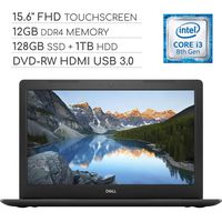 Dell Inspiron 15 5000 Laptop Computer 2019, 15.6 inch FHD Touchscreen Notebook, Intel Core i3-8130U 2.2Ghz, 12GB DDR4 RAM, 128GB SSD + 1TB HDD, DVD-RW, Backlit Keyboard, Wi-Fi, Webcam, Windows 10