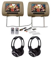 Pair Rockville RHP91-BG v2 9 Beige Car Headrest Monitors w/Speakers+Headphones