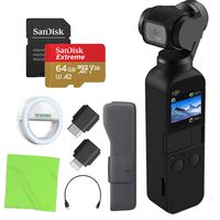 DJI Osmo Pocket Handheld 3 Axis Gimbal Stabilizer with Integrated Camera, Attachable to Smartphone, Android (USB-C), iPhone with 64GB MicroSD 4K Video Memory Card, LED Light & Microfiber Cloth