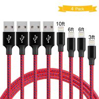 DNLM iPhone Charger, MFi Certified Lightning Charging Cable, USB Nylon Braided Syncing 4Pack 3FT 6FT 6FT 10FT Compatible iPhone Xs/Max/XR/X/8/8Plus/7/7Plus/6S/6S Plus (Red and Blue)
