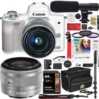 Canon EOS M50 Mirrorless Camera with 4K Video and EF-M 15-45mm Lens Kit (White) and Deco Gear Deluxe Travel Gadget Bag Case + Microphone + Monopod + Filter Set + 64GB Memory Card Accessory Kit Bundle